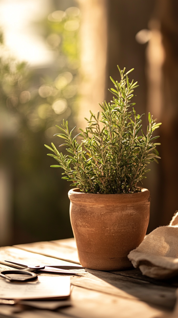 Rosemary in a container garden, ready for harvest with cozy rustic tools.