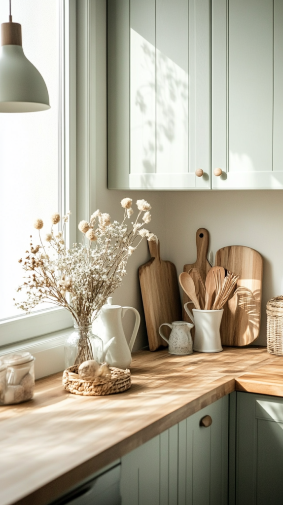 : Small Scandinavian kitchen with sage green accents and cozy minimalist decor.