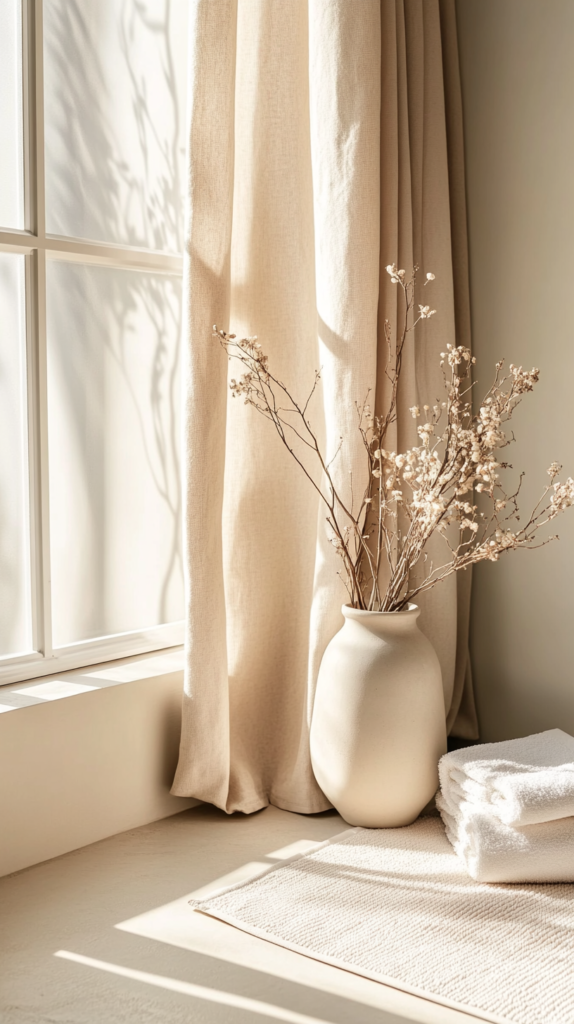 Cozy small bathroom with linen curtain and soft window styling.