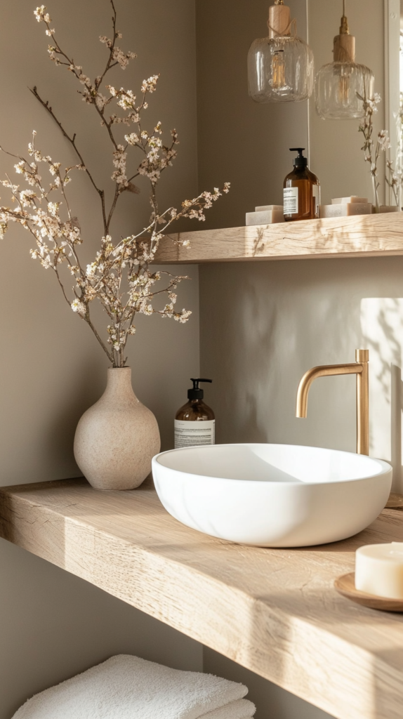 Cozy neutral bathroom with soft earth tones and minimal decor.