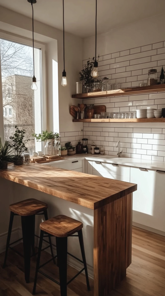 Compact white and wood kitchen with bar seating and simple modern style.