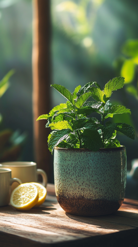 Fresh mint growing in a ceramic pot outdoors, styled with tea and lemons.