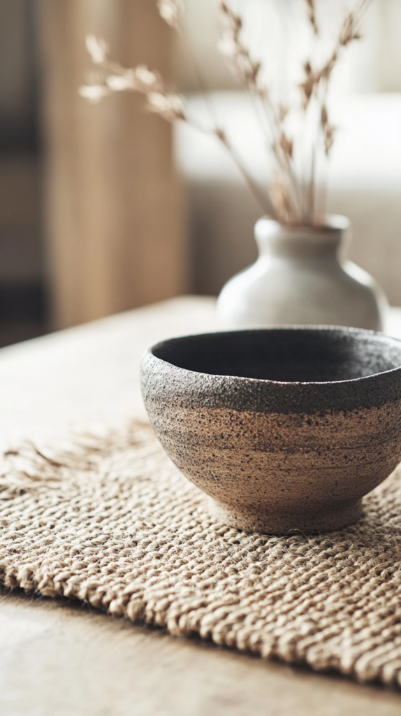 : Japandi material moodboard with linen, wood, and ceramics.