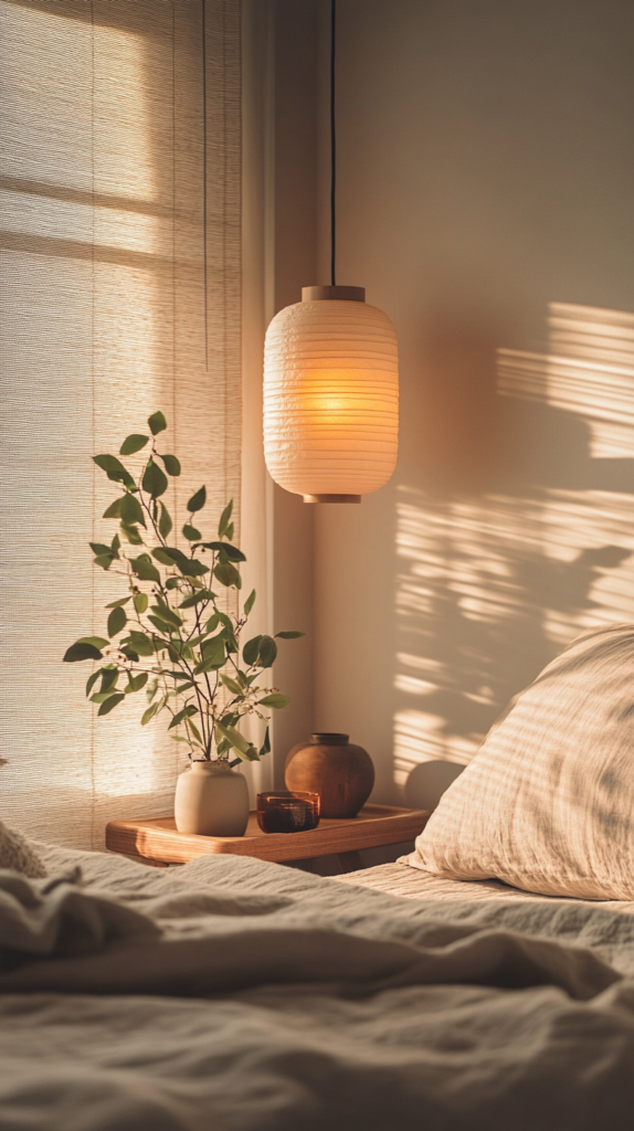 DIY paper lantern light fixture in a cozy Japandi-style bedroom with warm mood.