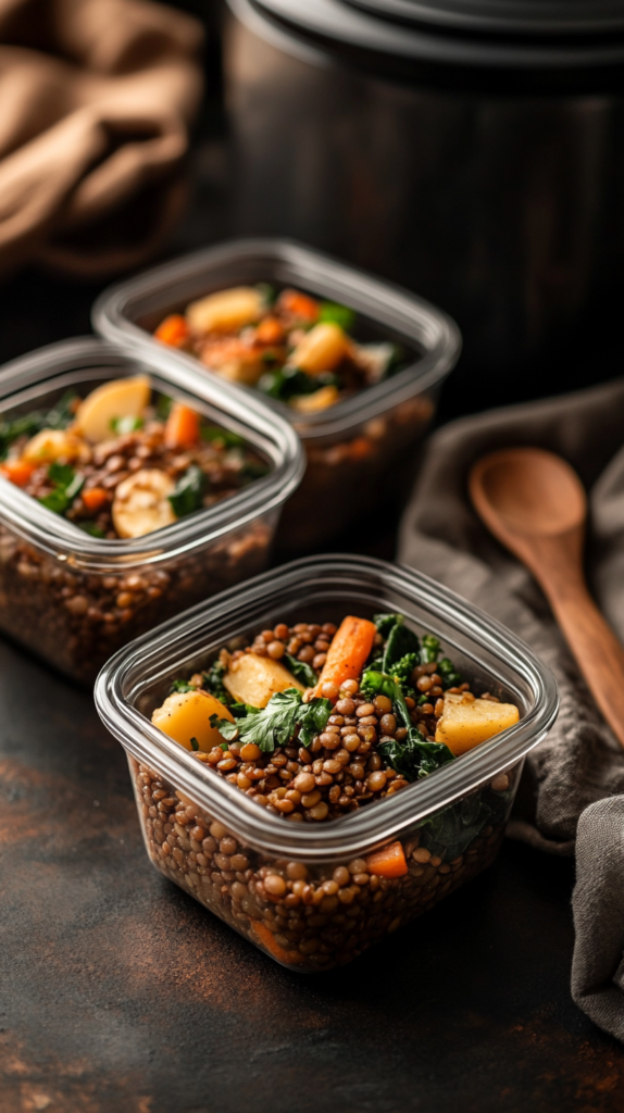 Meal prep containers with hearty lentil stew and rustic vegetables.