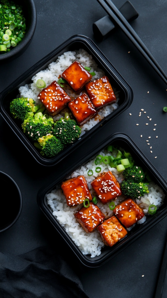 Meal prep boxes with teriyaki tofu, rice, and broccoli – cozy and healthy.