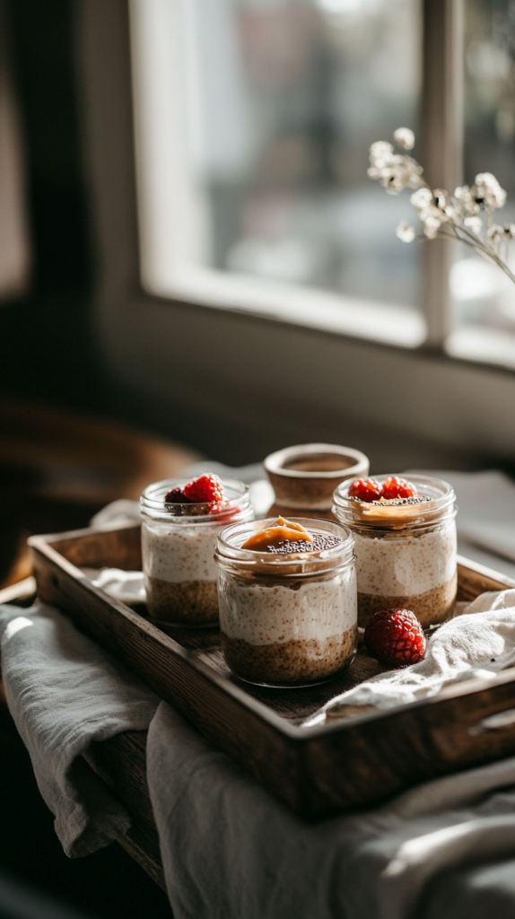 Four jars of overnight oats with fresh berries and nut butter on a wooden tray.