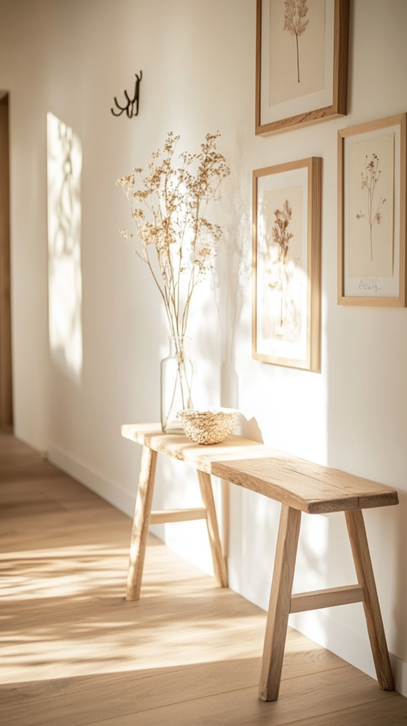 DIY framed botanical prints made with pressed leaves and flowers in a calm interior.