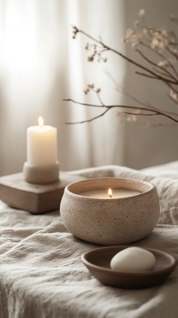 DIY clay candle holders in neutral tones with soft, organic forms.
