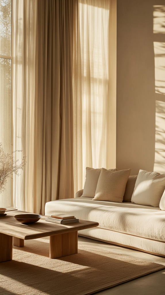 Neutral minimalist living room with Japandi color palette and lots of light.