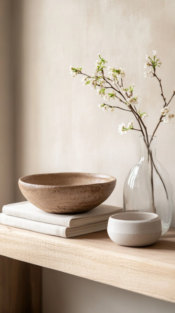 Minimalist decor in Japandi style with focus on fewer, meaningful items.