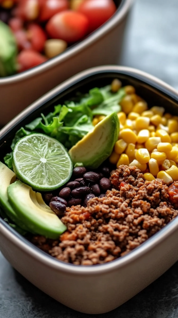 Taco-style meal prep bowls with rice, beef, beans, and fresh toppings.