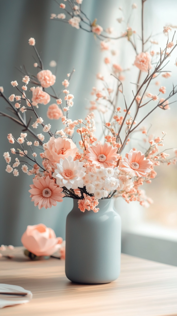 : DIY paper flowers in pastel colors arranged in a cozy minimalist interior.