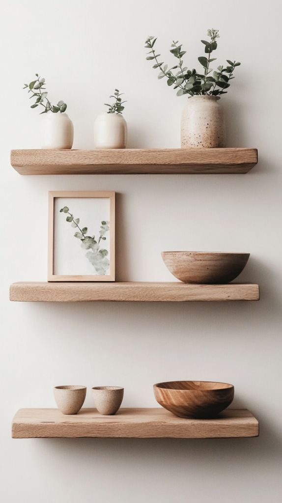 Styled floating shelves with minimalist DIY decorations and neutral tones.