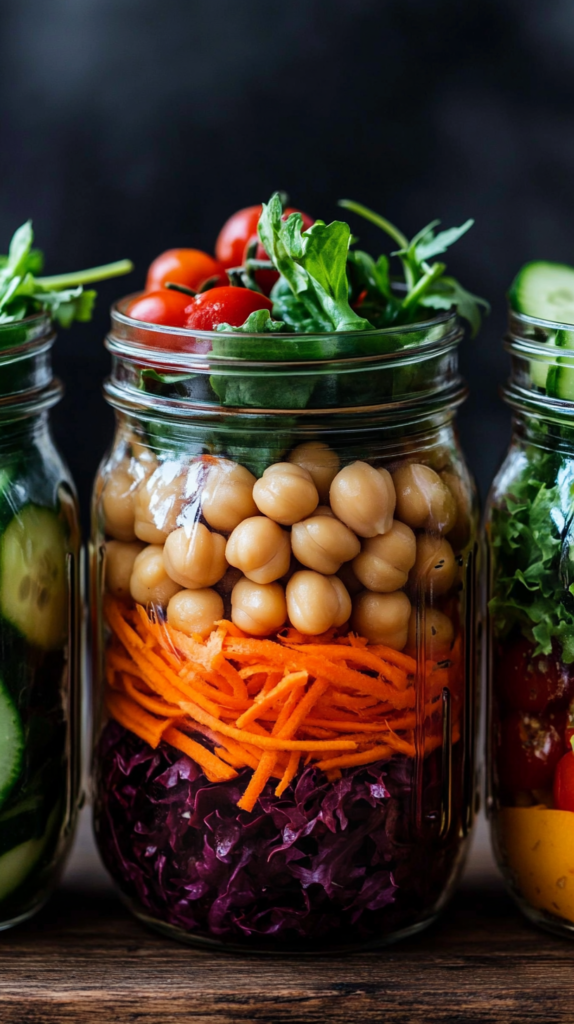  Three mason jar salads with chickpeas and layered veggies for weekly lunch prep.