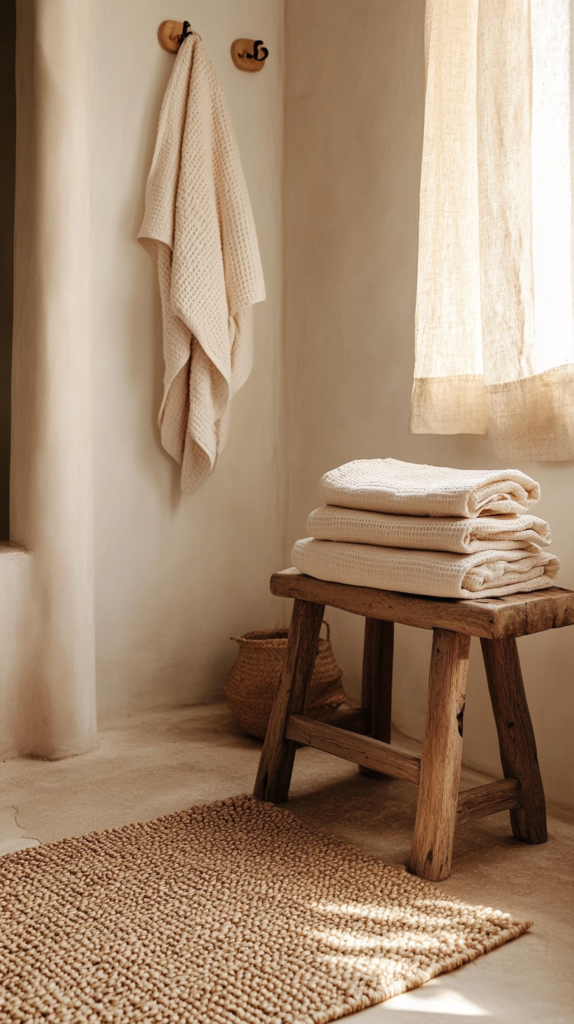 Bathroom styled with soft towels and natural textiles in neutral tones.