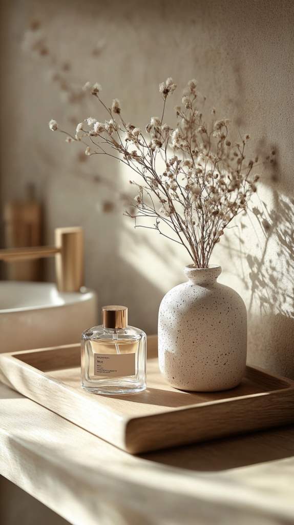 Small bathroom with calming decorative accents and framed art.