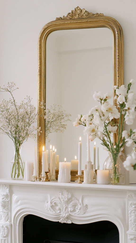 Gold mirror above mantel styled with greenery and rustic accents.