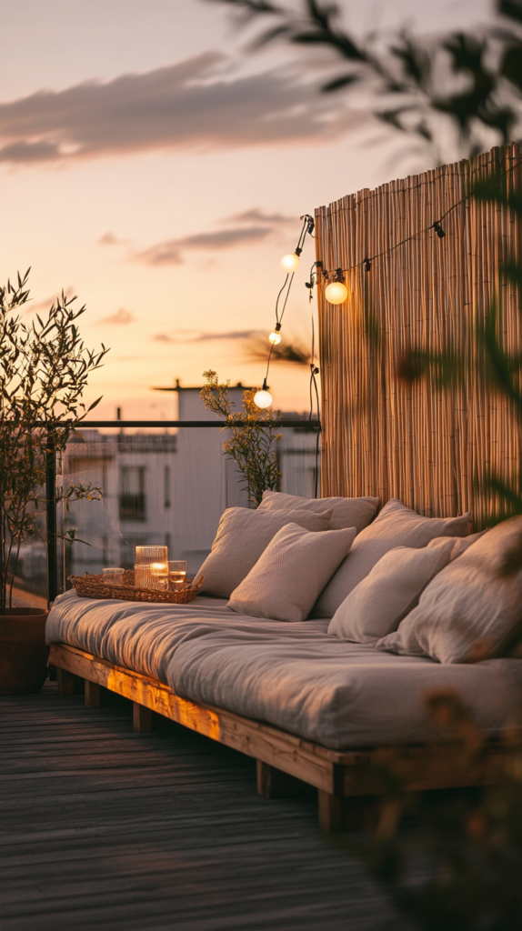 Cozy rooftop balcony with oversized cushions and string lights.
