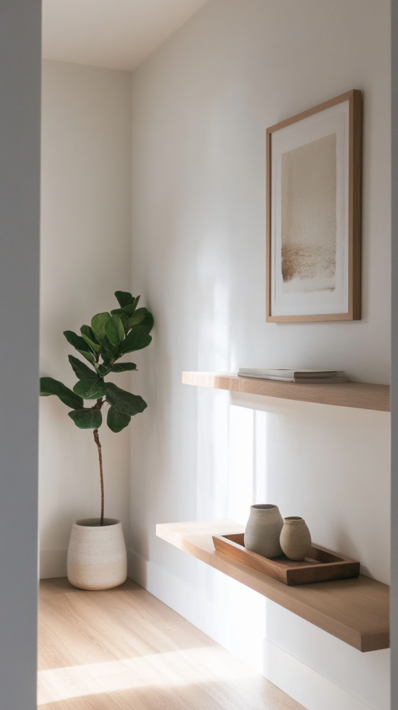Narrow minimalist entryway with floating shelf and cozy lighting.