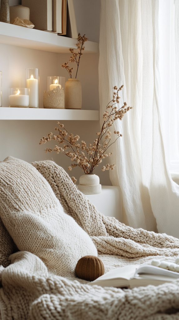 Cozy reading nook with floating shelves, candles, and a knit blanket.