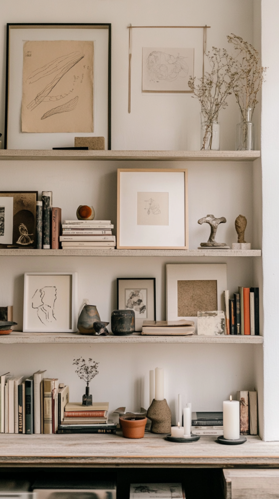 Mixed shelf gallery with art, sculptures, and cozy decor.