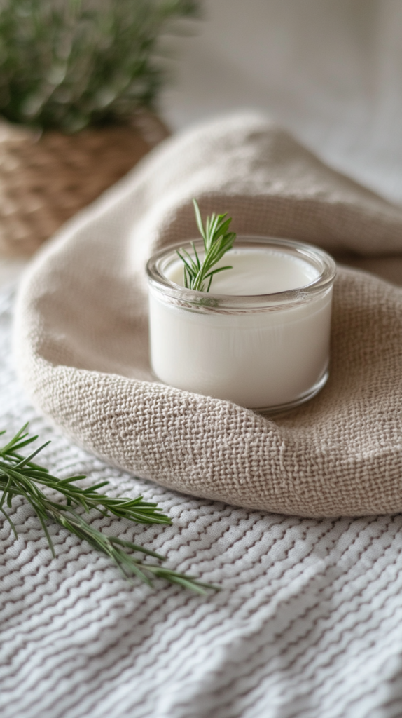 Compostable silk dental floss in a glass container in a natural eco bathroom.