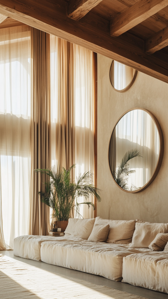  Tall wall with circular mirrors in a two-story living room.