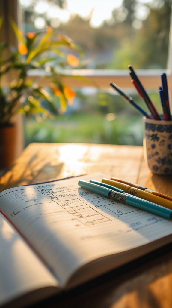 Bullet journal self-care checklist layout with soft pastel colors and cozy handwriting.