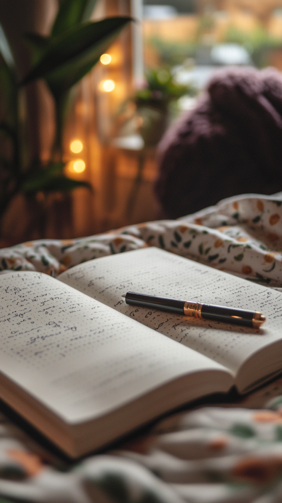 Self-discovery prompts bullet journal page with cozy handwriting.