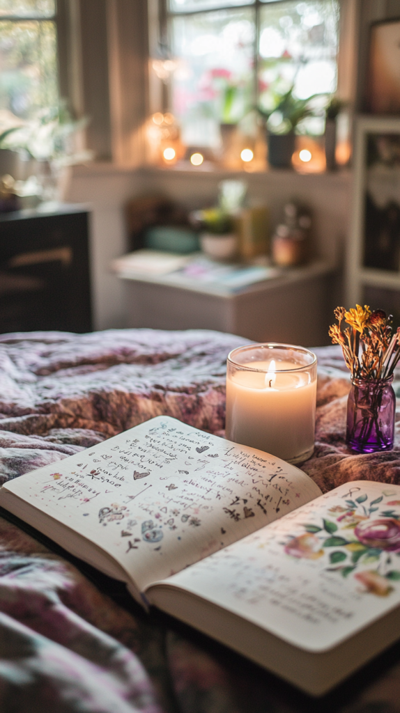 Self-love affirmations bullet journal page with cozy pastel theme.