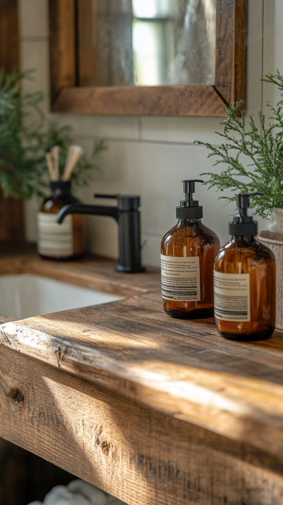 Amber refillable bottles styled on a rustic bathroom vanity.