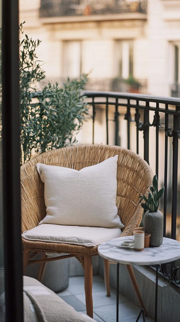 Cozy balcony corner with rattan chair, cushions, and warm lighting.