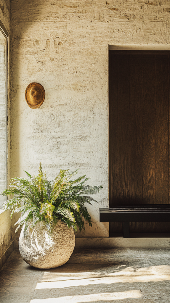 Minimalist entryway with stone planter, fern, and black bench.
