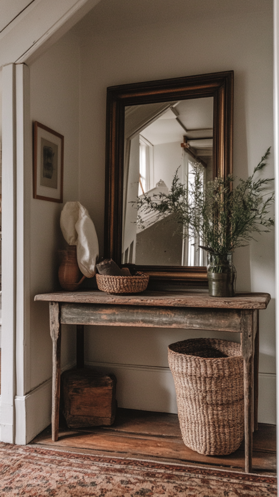 : Farmhouse modern entryway table with cozy rustic decor.
