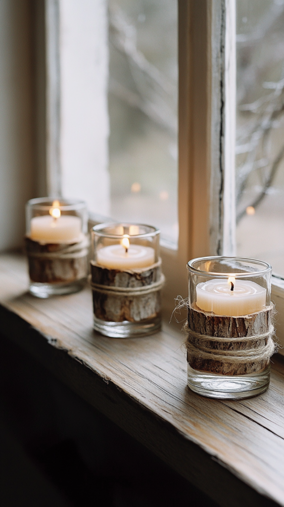 Glass votives wrapped in birch bark with a rustic, natural finish.