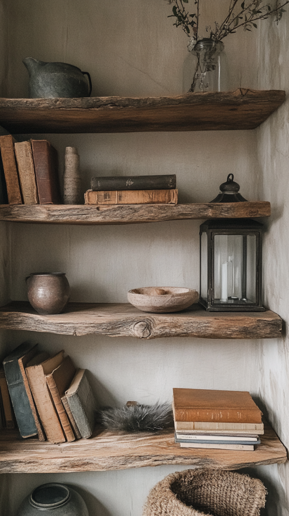 : Live-edge wooden shelf styled with natural rustic elements.