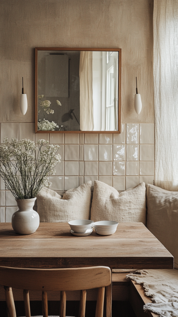 Dining nook with mirrored tile wall reflecting soft spring light.