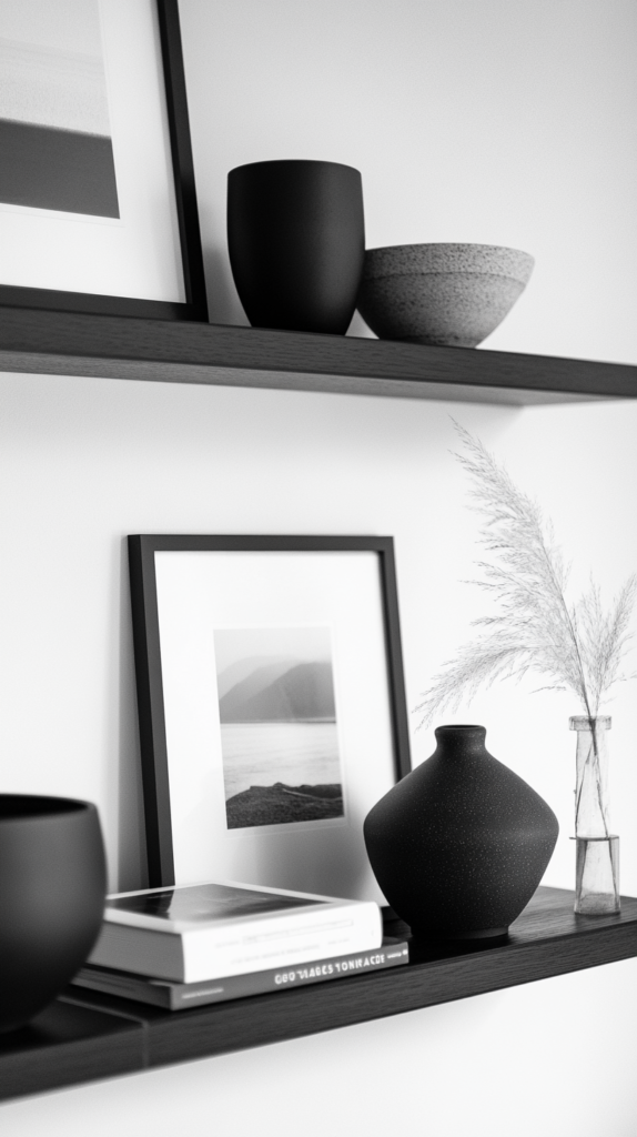 : Monochrome shelf with black and white art and minimalist decor.