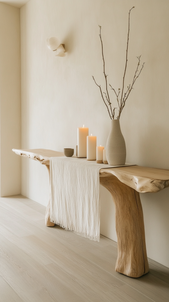 Organic modern console table entryway with candles and linen runner.