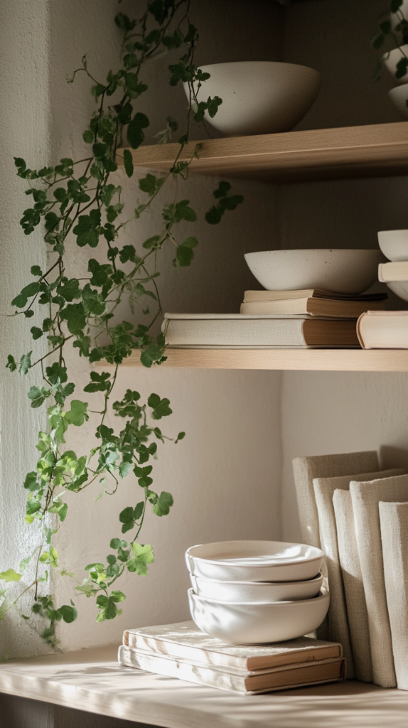 Organic modern shelf with neutral books, ceramics, and greenery.
