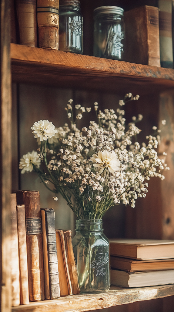 Farmhouse shelf decorated with vintage pitchers, books, and flowers.