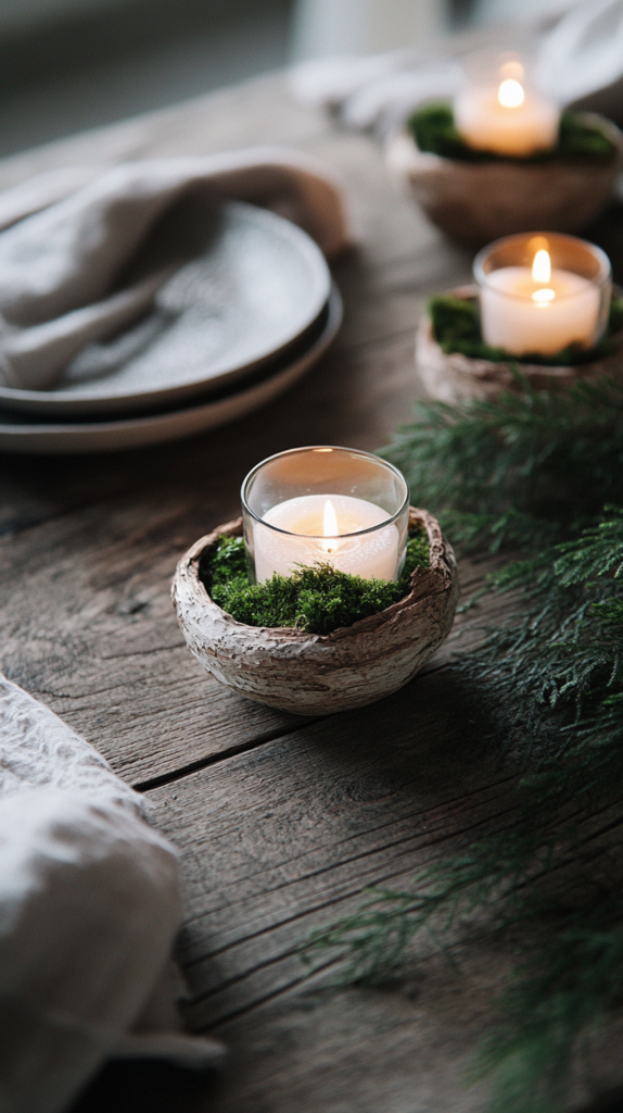 : Moss-wrapped candle holders creating a cozy forest-inspired centerpiece.
