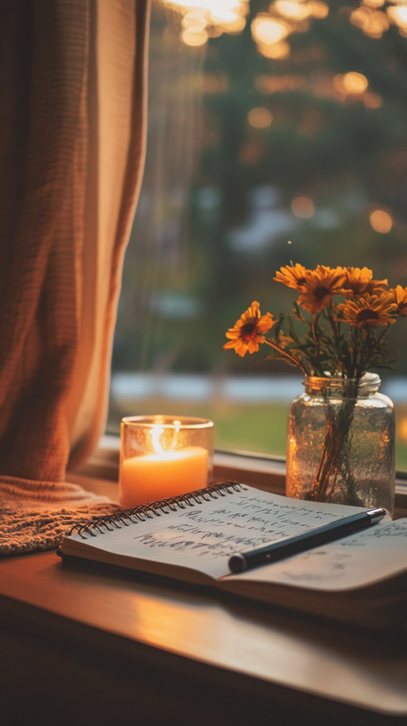 Gratitude journal page in cozy bullet journal with soft sunlight.