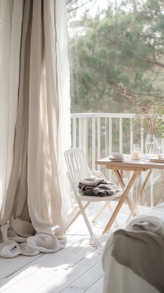 Scandinavian neutral balcony with light wood, white chairs, and soft textiles.