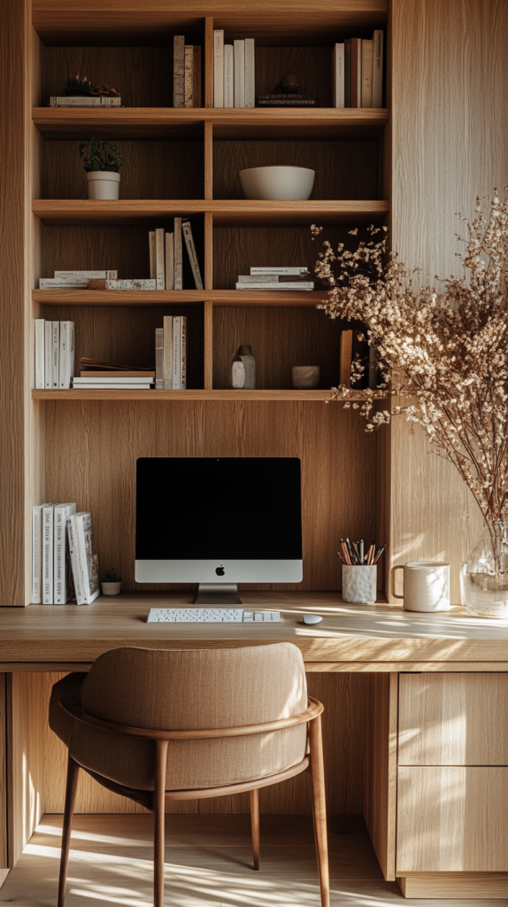 Built-in desk between tall bookshelves in a cozy home office.