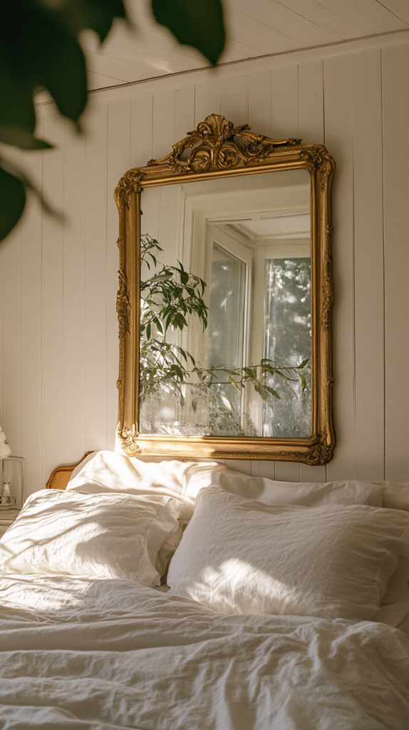 Cottage-style mirror collage wall above bed with cozy white bedding.