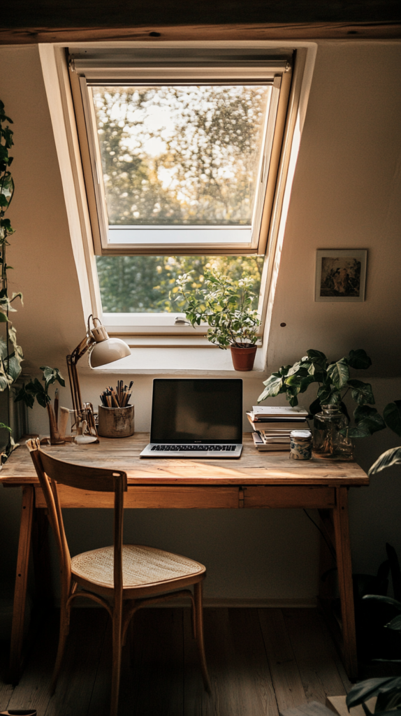 Cozy attic home office with wood desk and natural light.