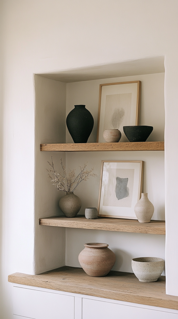 Minimalist entryway built-in shelf with pottery and art.