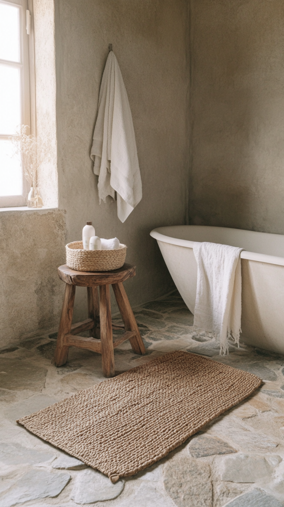 Natural woven jute bath mat in a rustic eco bathroom.